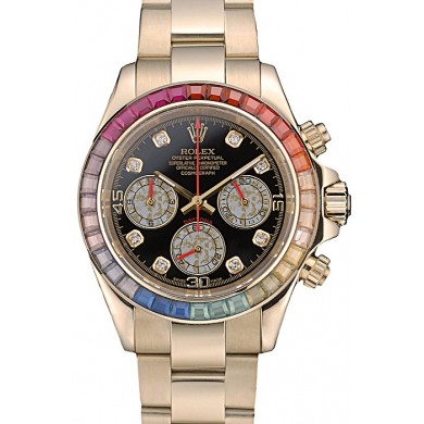 Fake Rolex Daytona Cosmograph Rainbow Crystals Bezel Rose Gold Strap Black Dial 80251