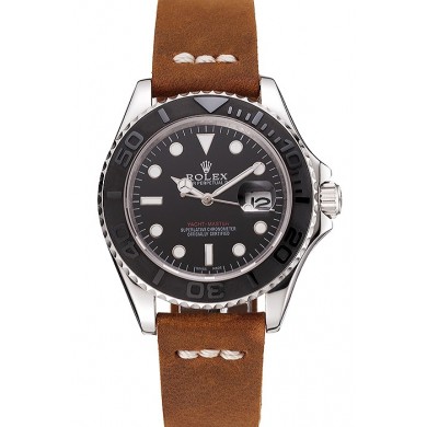 Luxury Rolex Yacht Master Black Dial Silver Case Brown Leather Bracelet 1453859